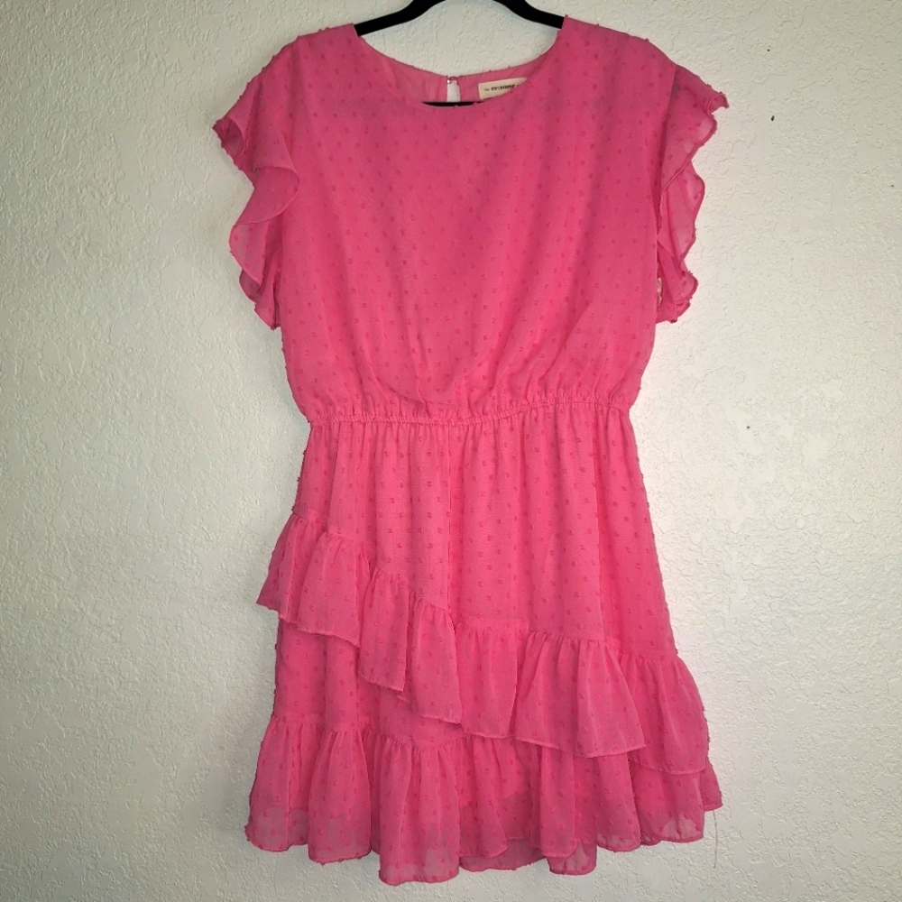 Eesome  Pink Swiss Dot Overlay Stretch Waist Ruffle Sleeve Dress Size Small